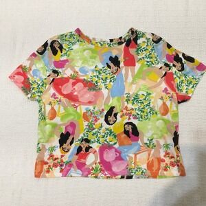 ZARA Women's Graphic T Shirt Crew Neck Colorful Floral Figures Print Size M‎